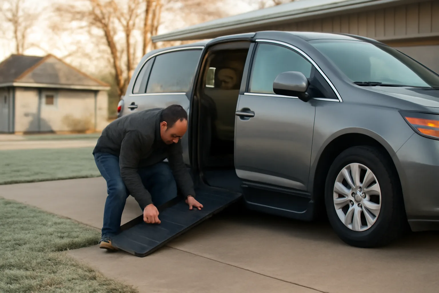 Wheelchair van with ramp deployed outside a Minnesota home in early morning light