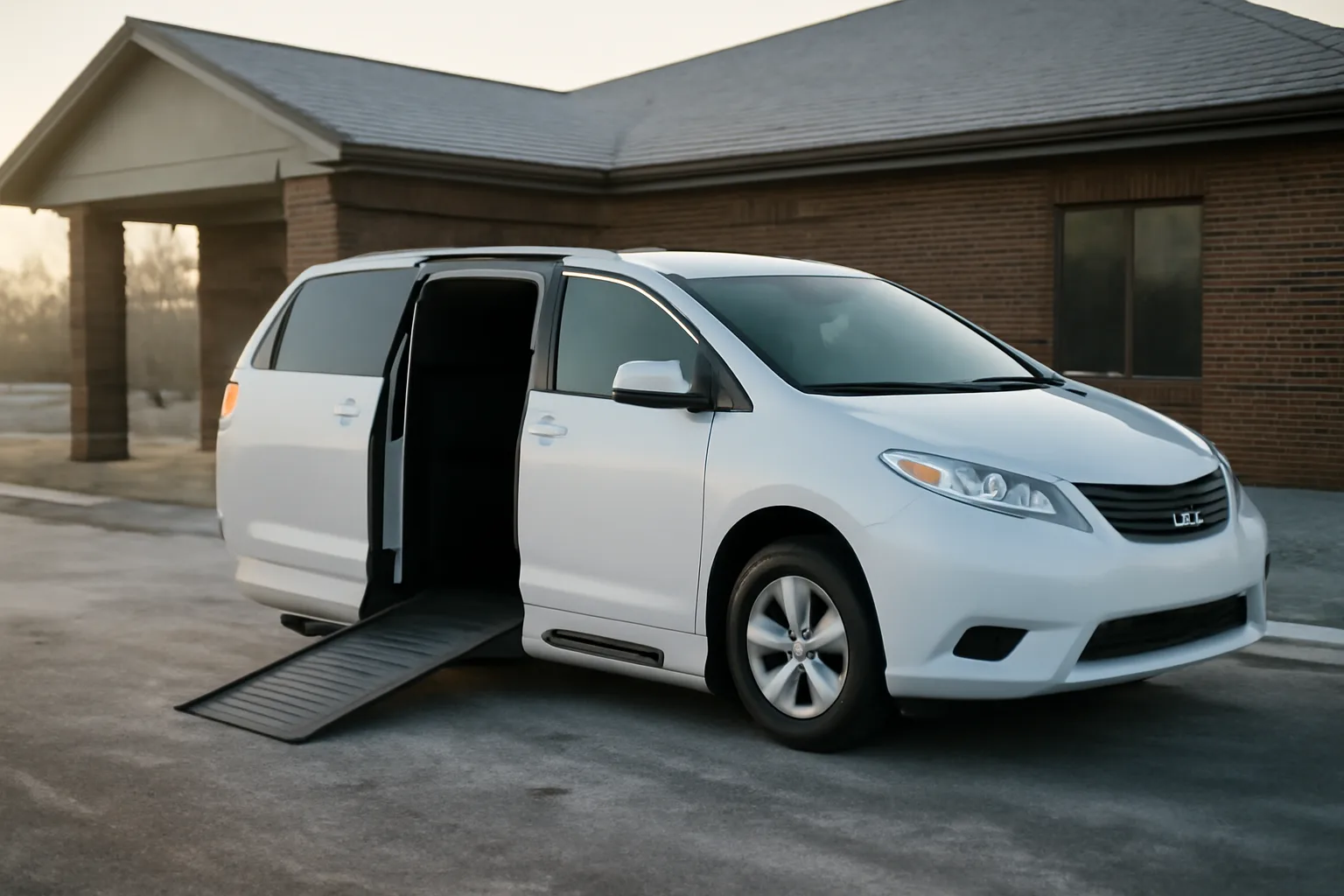 Wheelchair-accessible van with ramp deployed outside a Minnesota clinic at dawn