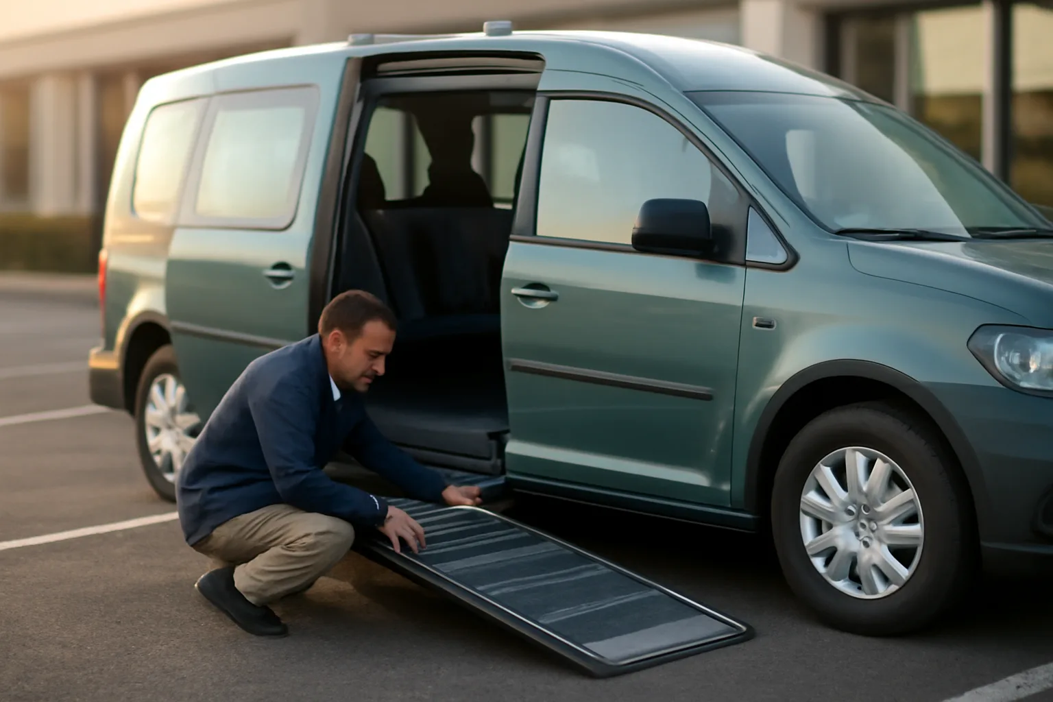 Driver checking a wheelchair van ramp in a clinic parking lot at dawn
