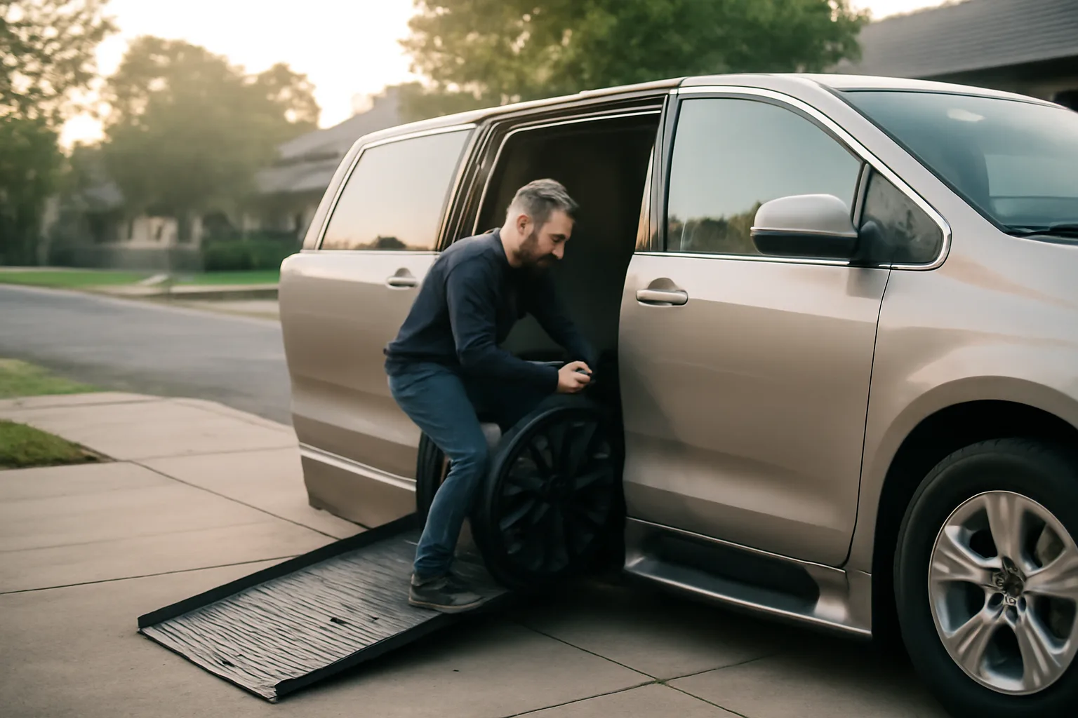 Owner-operator inspecting wheelchair van ramp and tie-downs before a NEMT shift