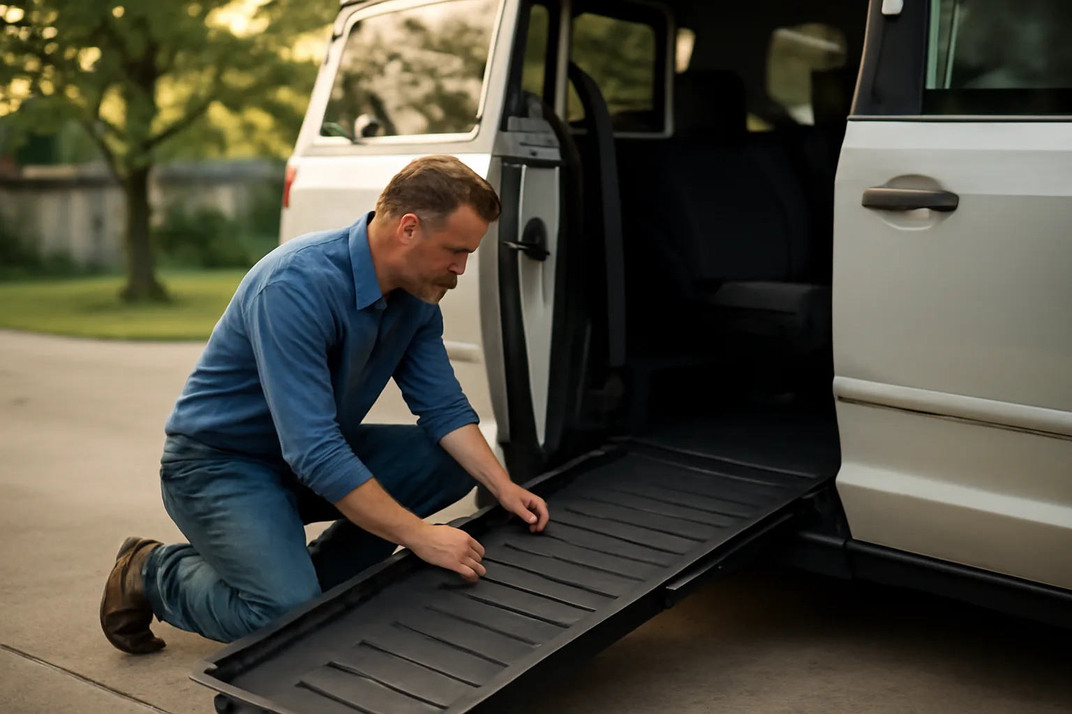 Owner-operator inspecting a wheelchair van ramp before a NEMT shift