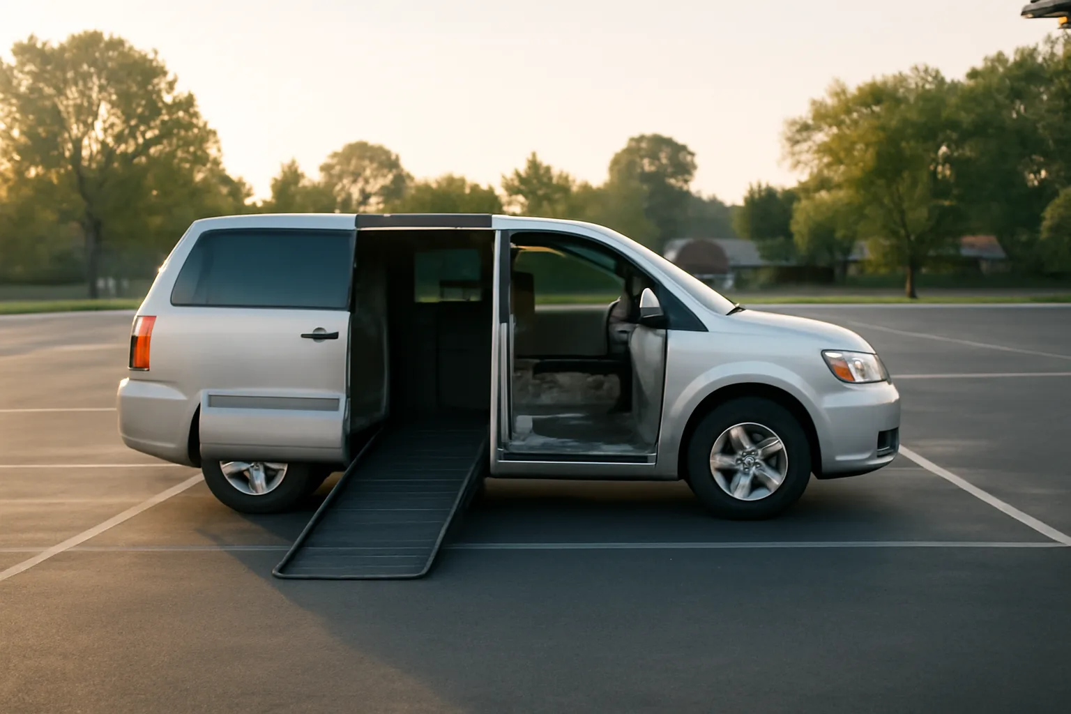 Wheelchair-accessible van with ramp extended in an empty lot at dawn