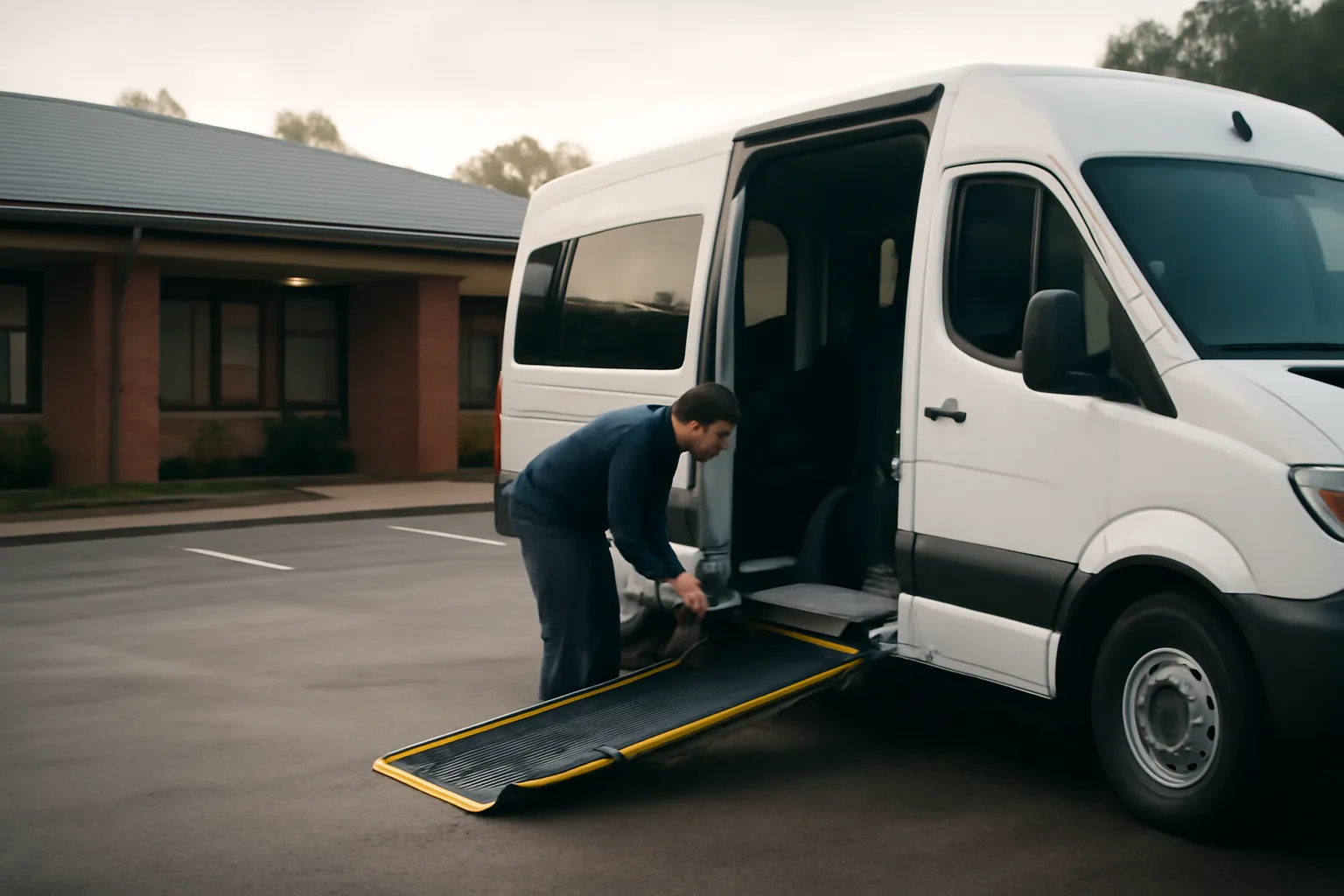 Wheelchair-accessible NEMT van with ramp extended outside a Georgia medical clinic at dawn