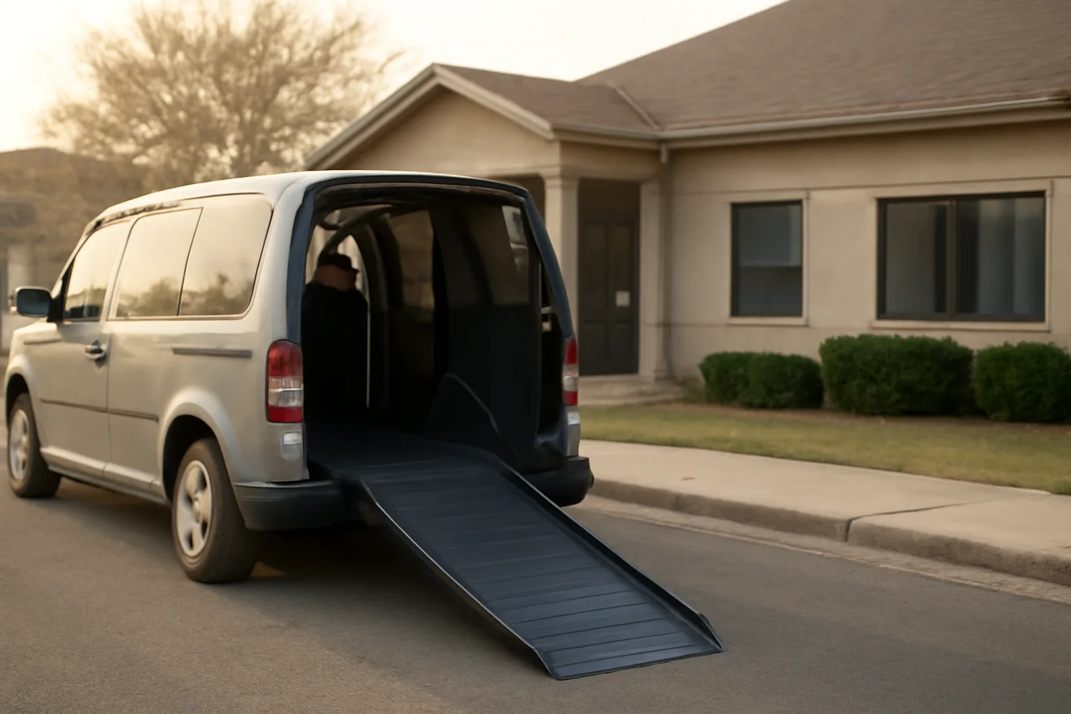Wheelchair-accessible NEMT van with ramp deployed outside a clinic at dawn