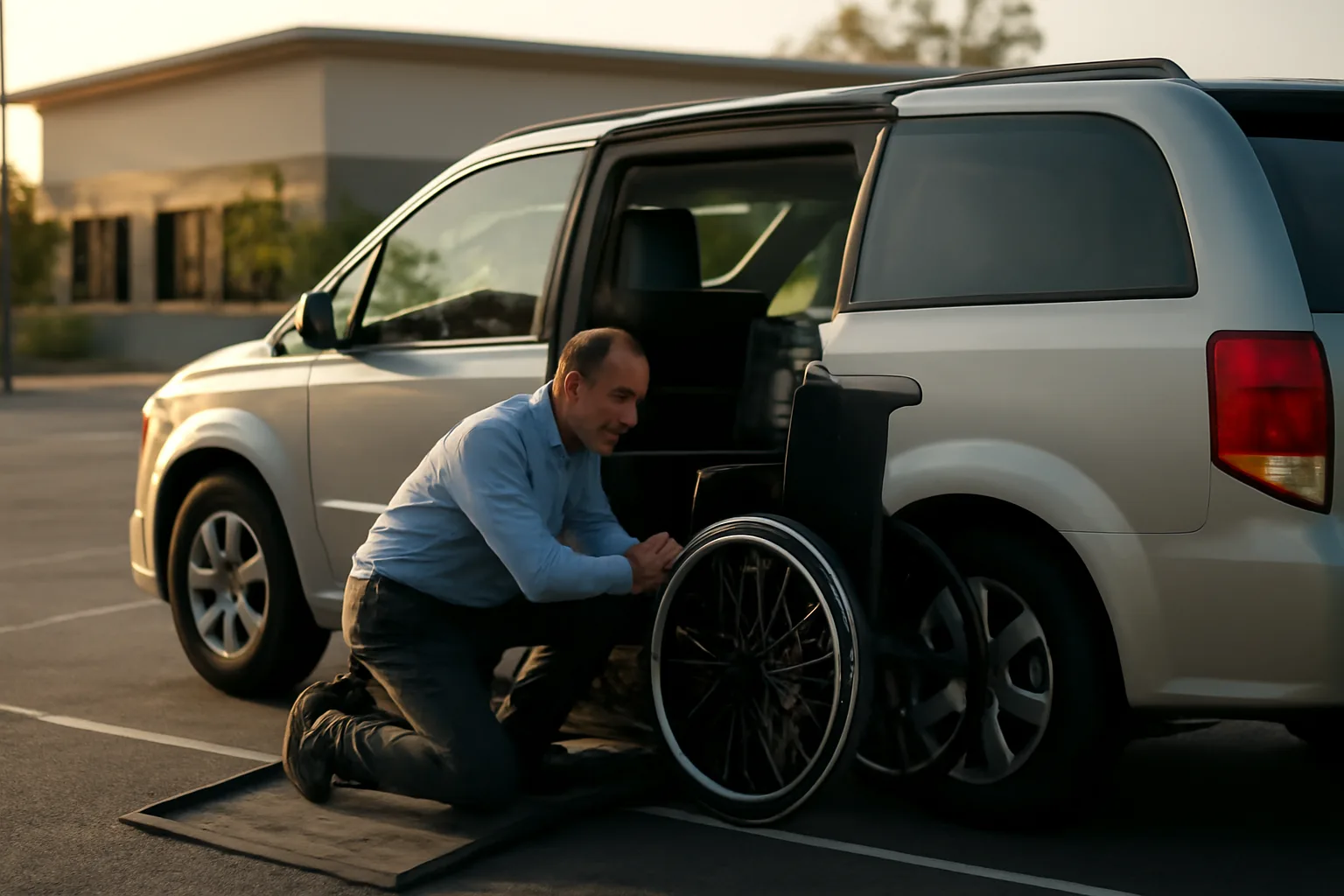 Wheelchair van ramp deployed at dawn as driver checks tie-down straps before a Medicaid NEMT trip
