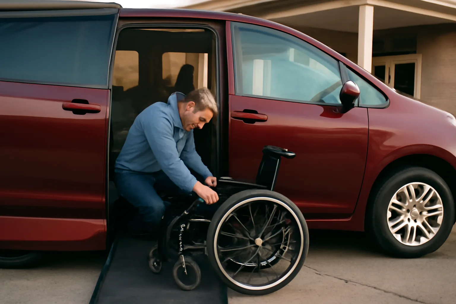 Driver securing a wheelchair inside a wheelchair-accessible NEMT van at a clinic