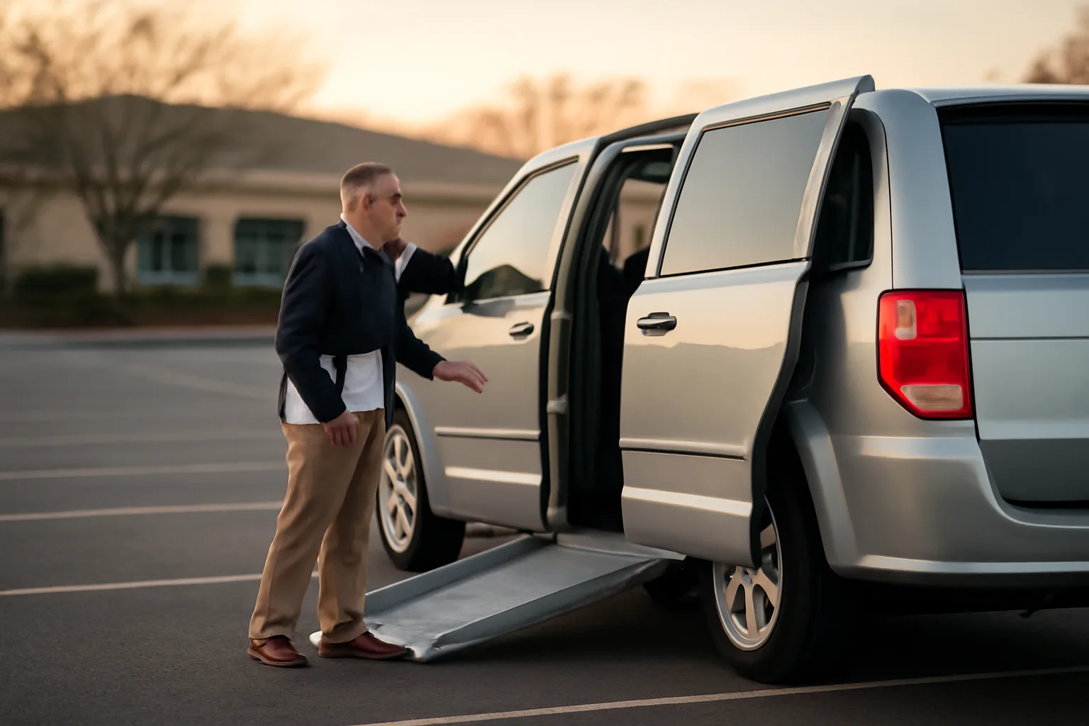 Wheelchair van owner-operator inspecting vehicle before an NEMT Medicaid transport shift