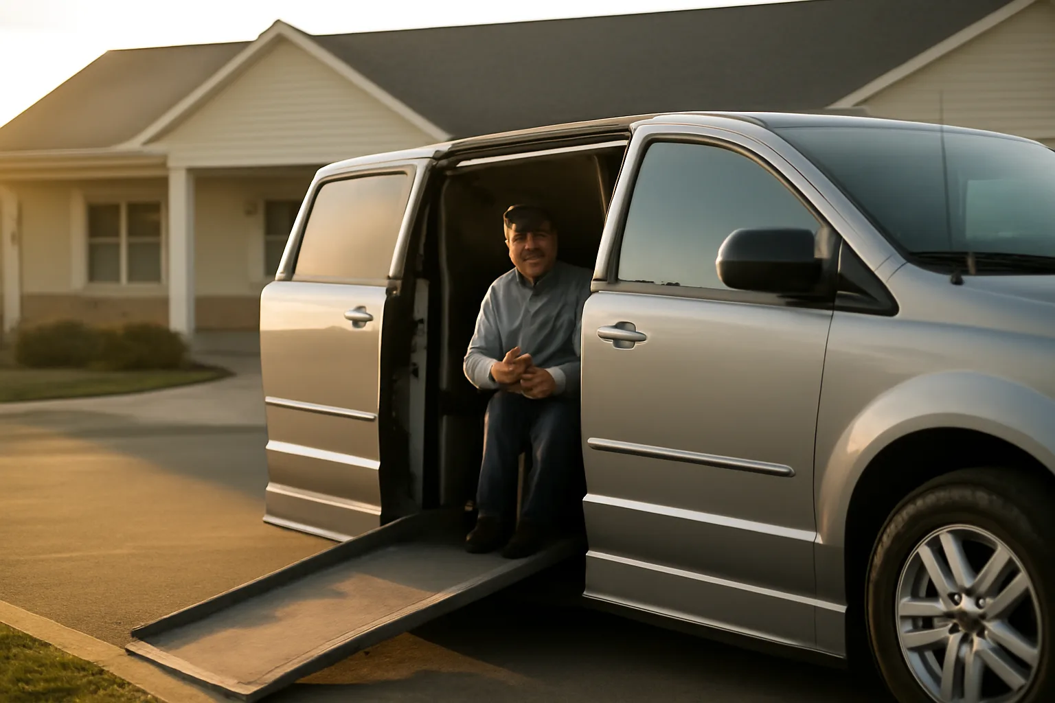 Driver checking wheelchair securement straps inside a parked accessible van at dawn