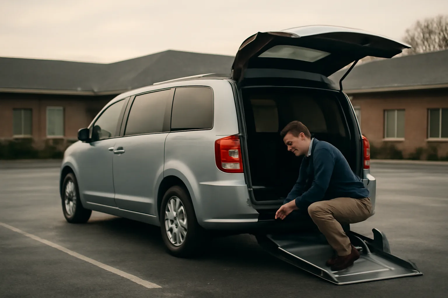 Driver inspecting wheelchair van ramp outside clinic, illustrating NEMT business profit margins