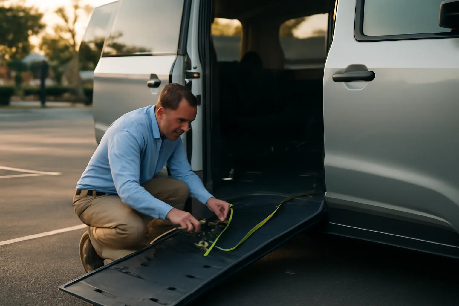Wheelchair van ramp deployed outside a clinic, illustrating NEMT business profitability factors