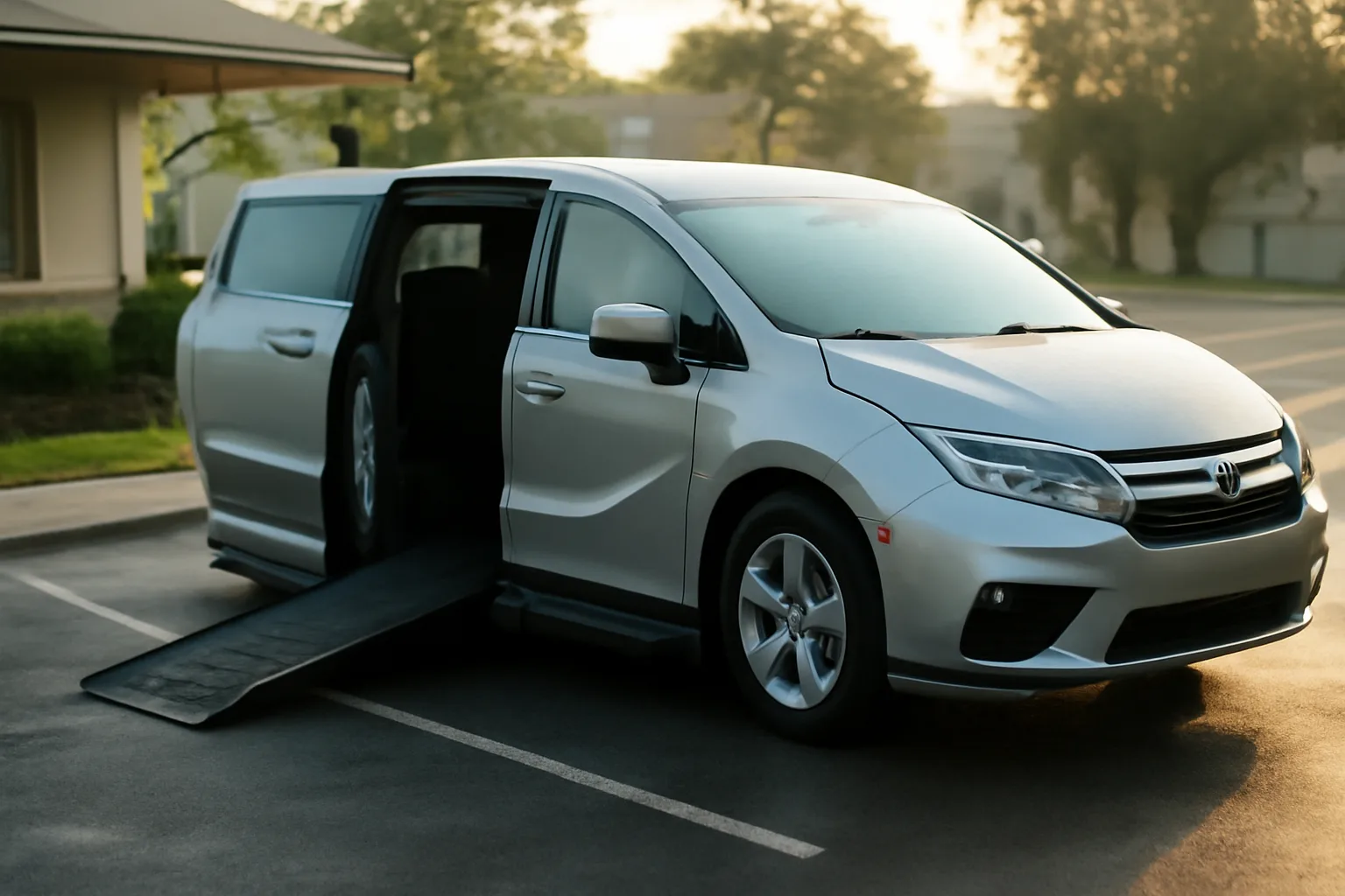 Wheelchair-accessible van with ramp deployed outside a clinic at dawn