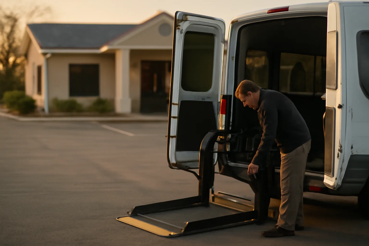 Owner-operator checking a wheelchair van lift before an NEMT Medicaid trip run