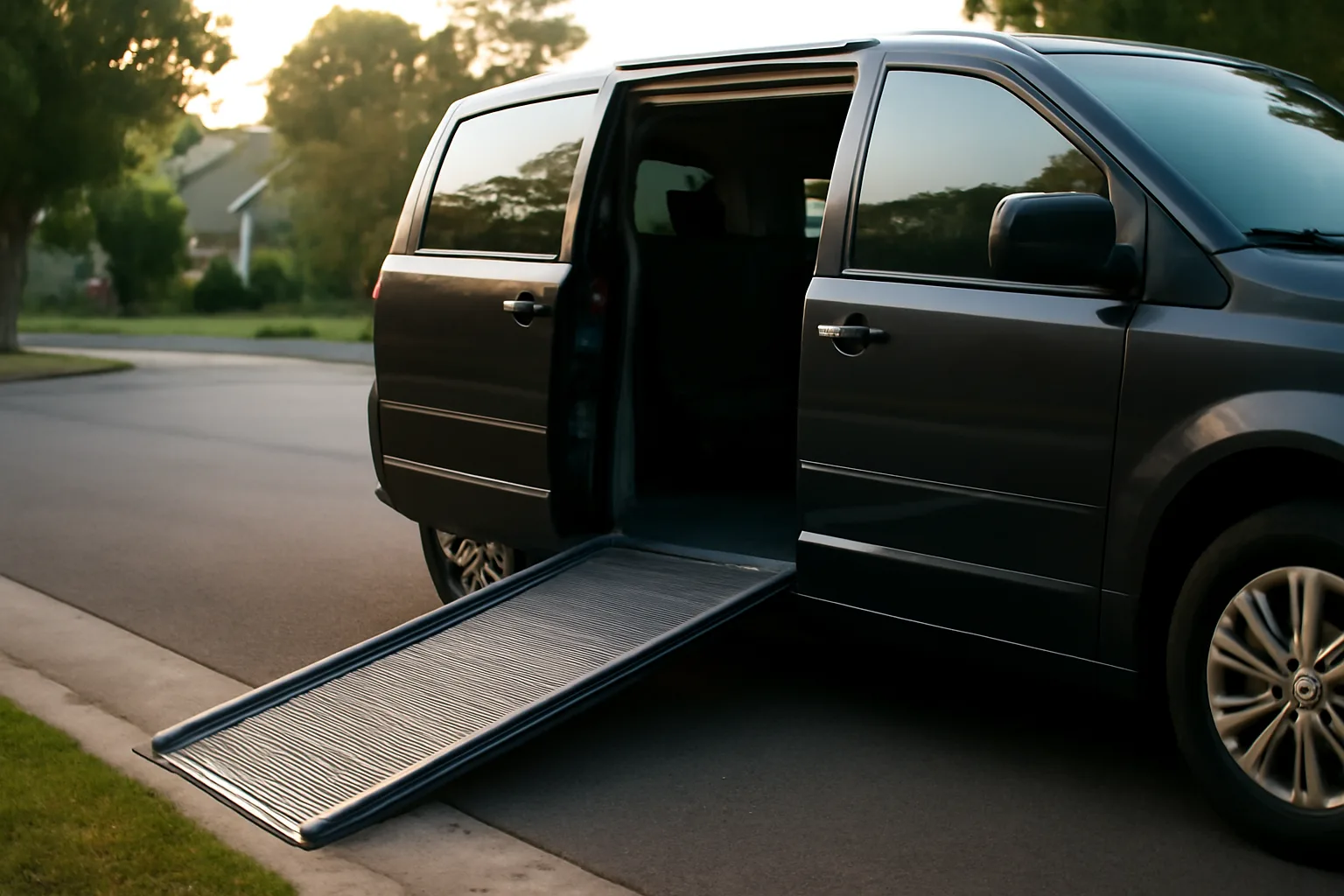 Wheelchair van with ramp deployed on a residential street in early morning light
