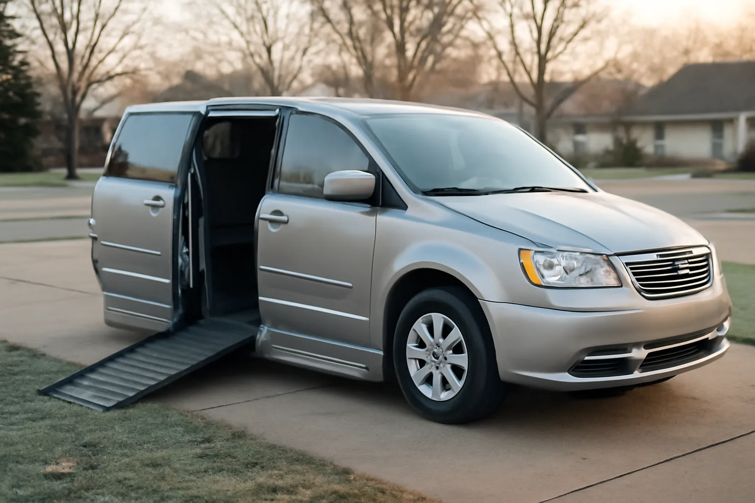 Wheelchair-accessible van with ramp lowered in a Minnesota driveway at sunrise