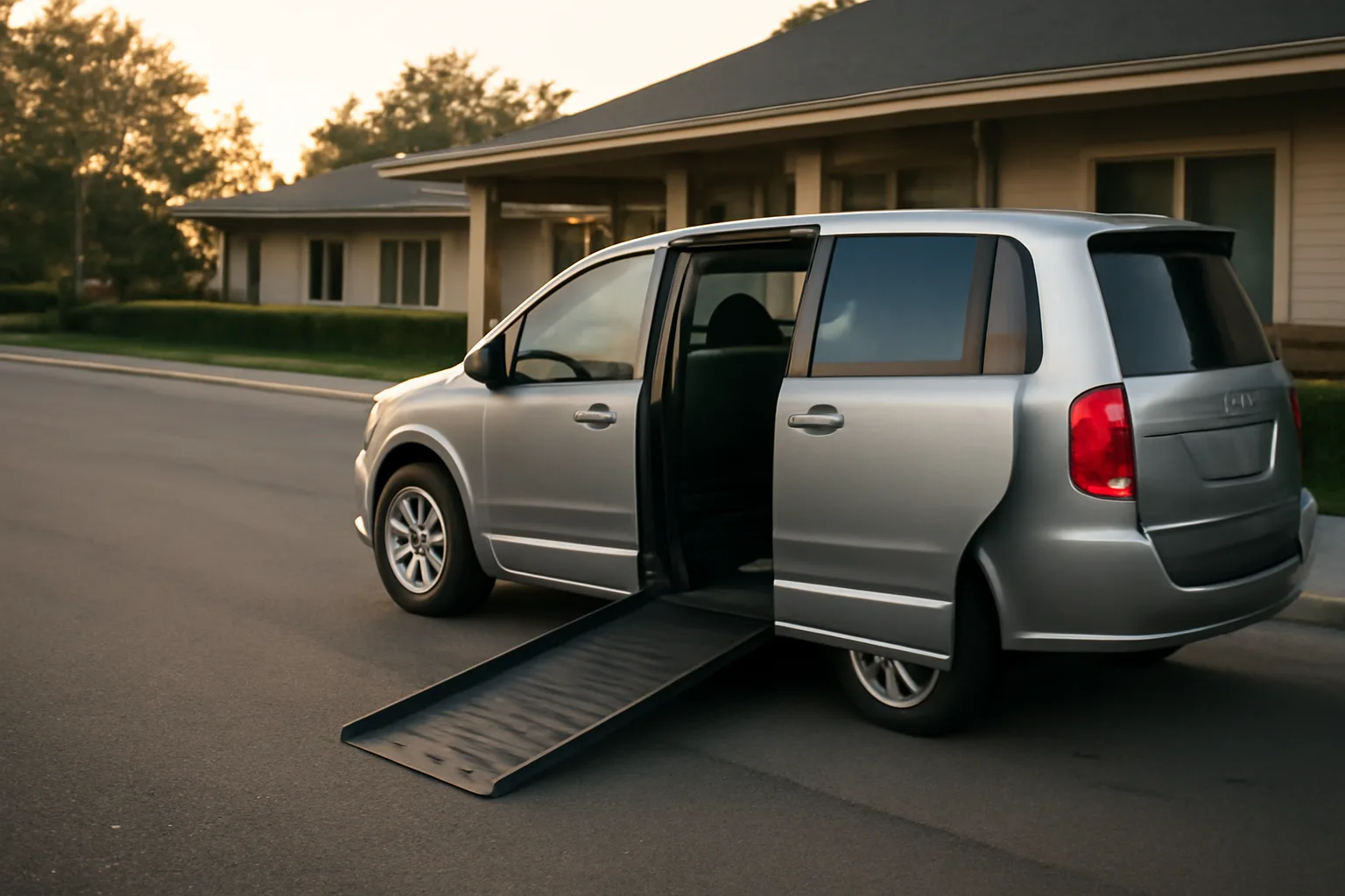 Wheelchair van with ramp deployed outside a Minnesota medical clinic at dawn