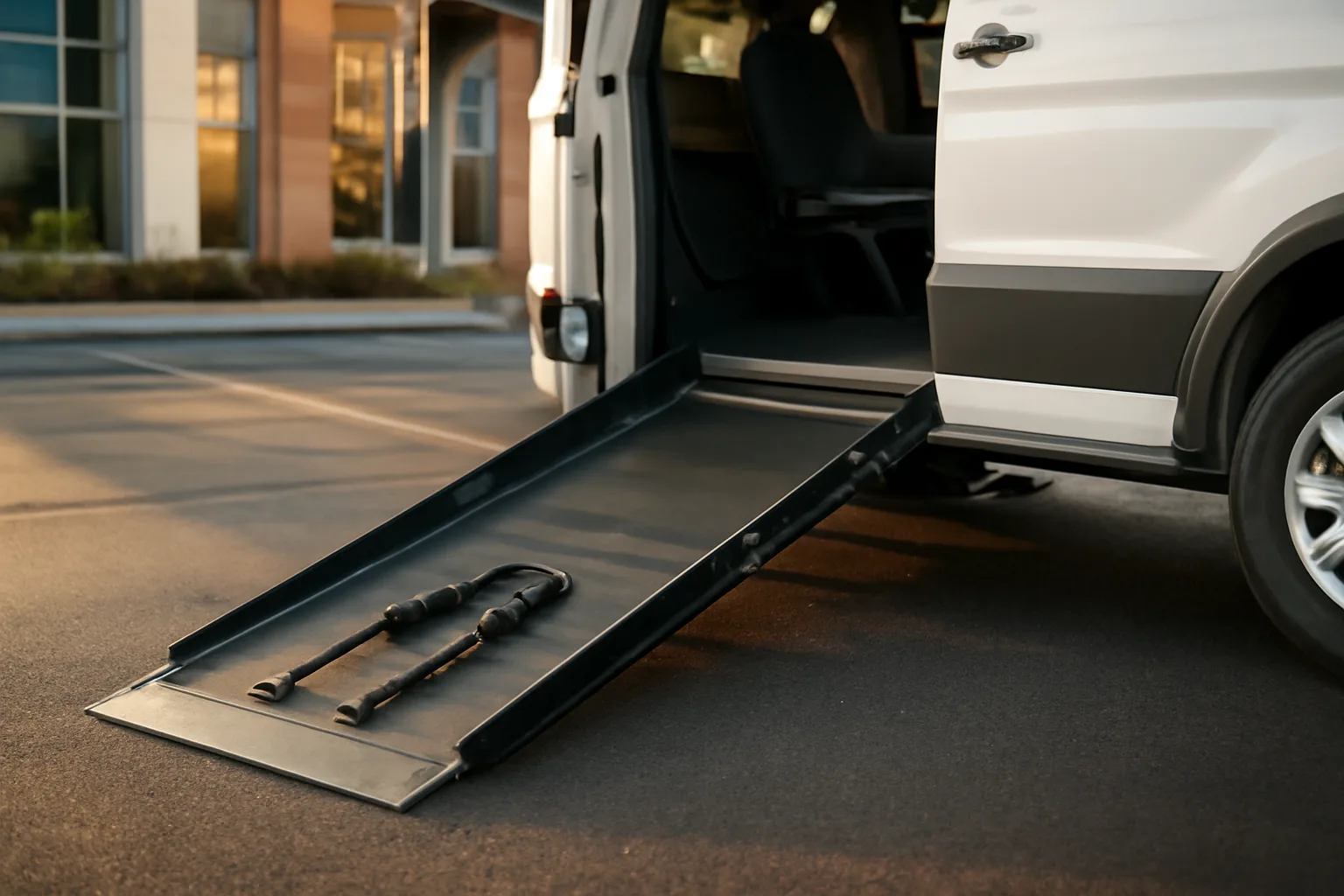 Wheelchair van with ramp deployed outside a medical clinic during a NEMT provider application process