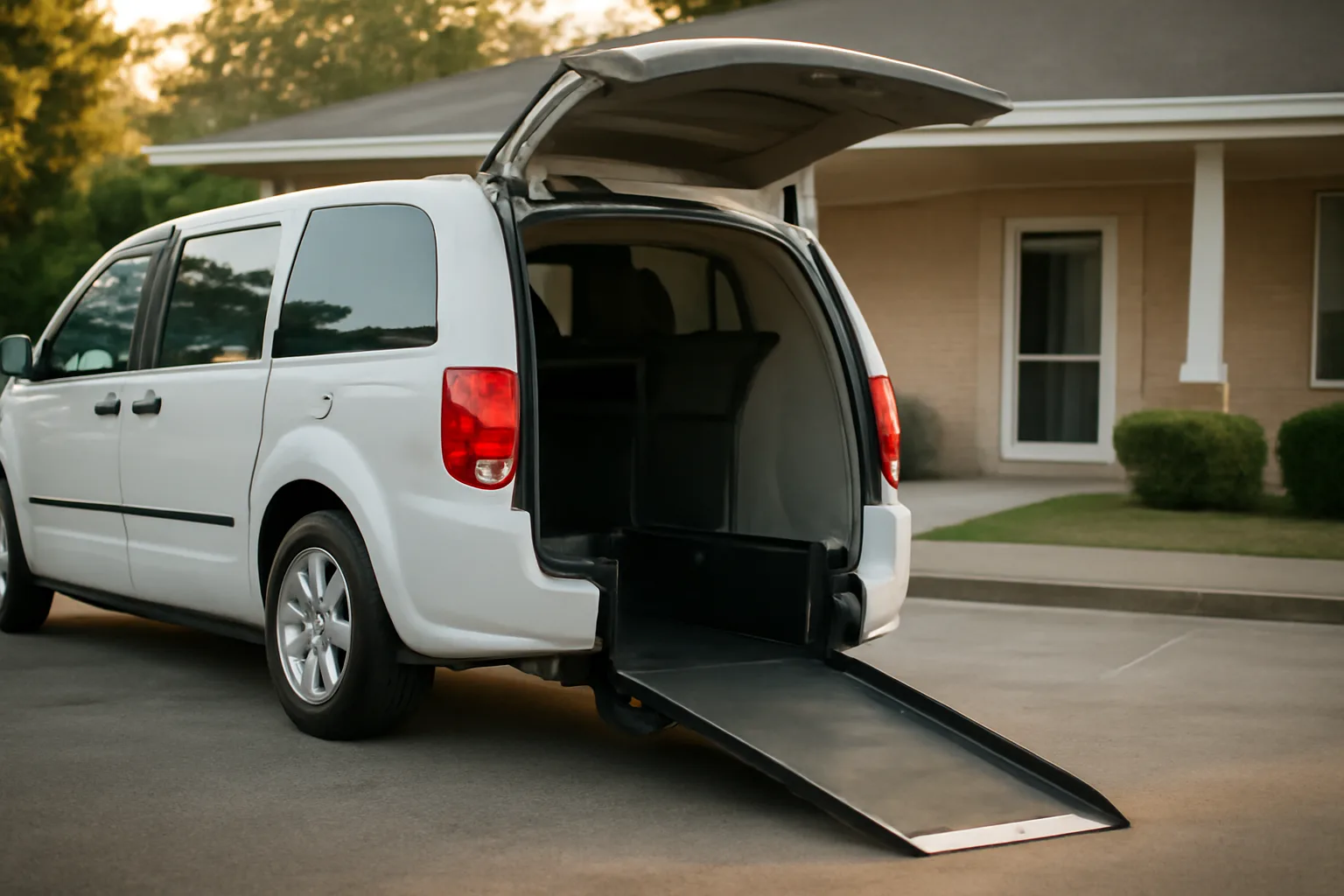 Wheelchair van with ramp lowered outside a Minnesota medical clinic at dawn
