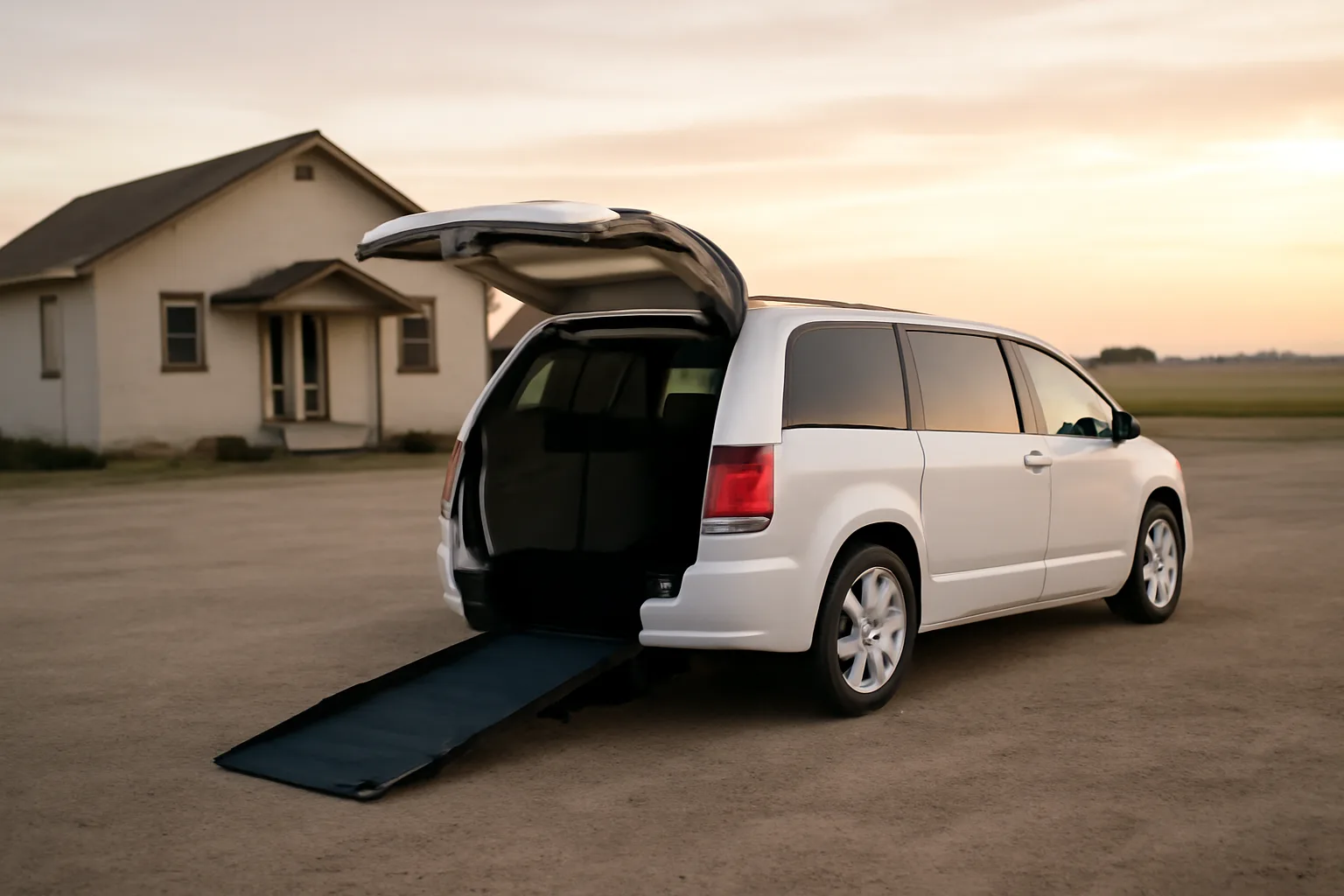 Wheelchair-accessible NEMT van with ramp deployed outside a rural South Dakota clinic at dawn