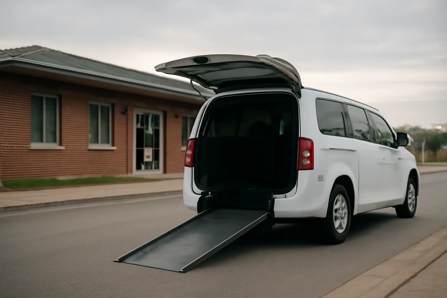 Wheelchair-accessible van with ramp deployed outside a medical clinic in morning light