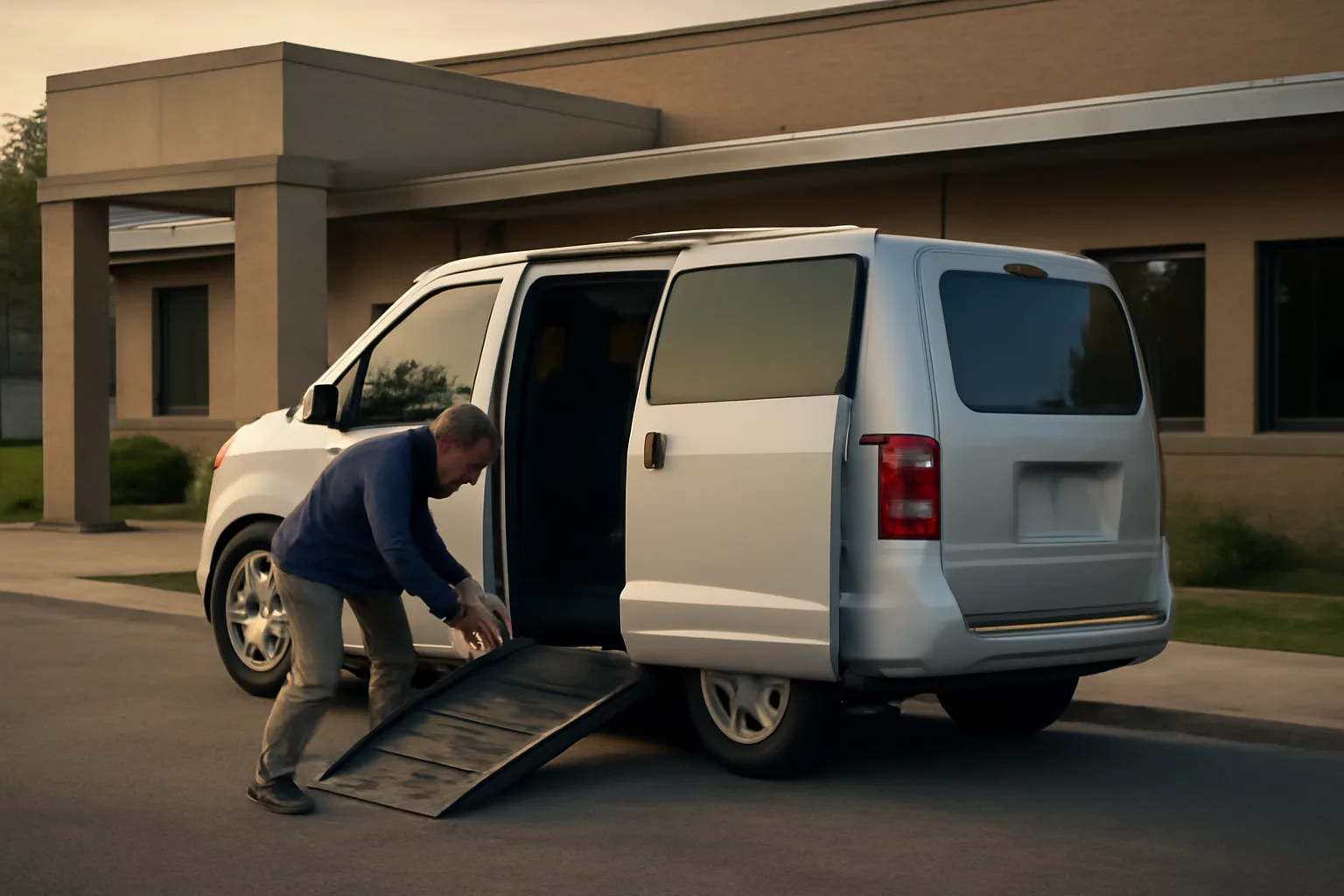 Wheelchair van with ramp extended outside a Boise medical clinic in morning light