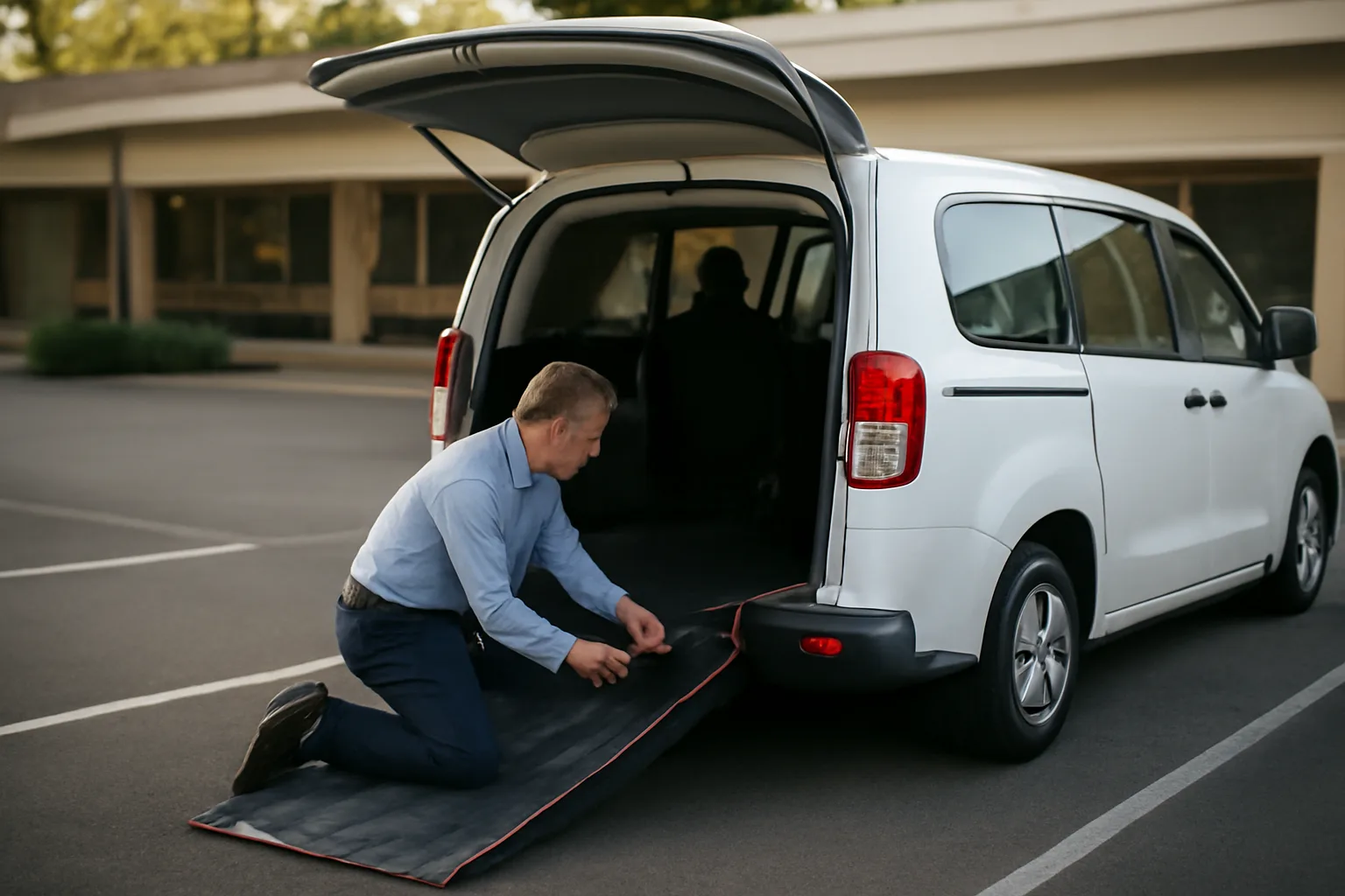 Wheelchair van with ramp deployed outside a clinic, illustrating starting a non-emergency medical transportation business