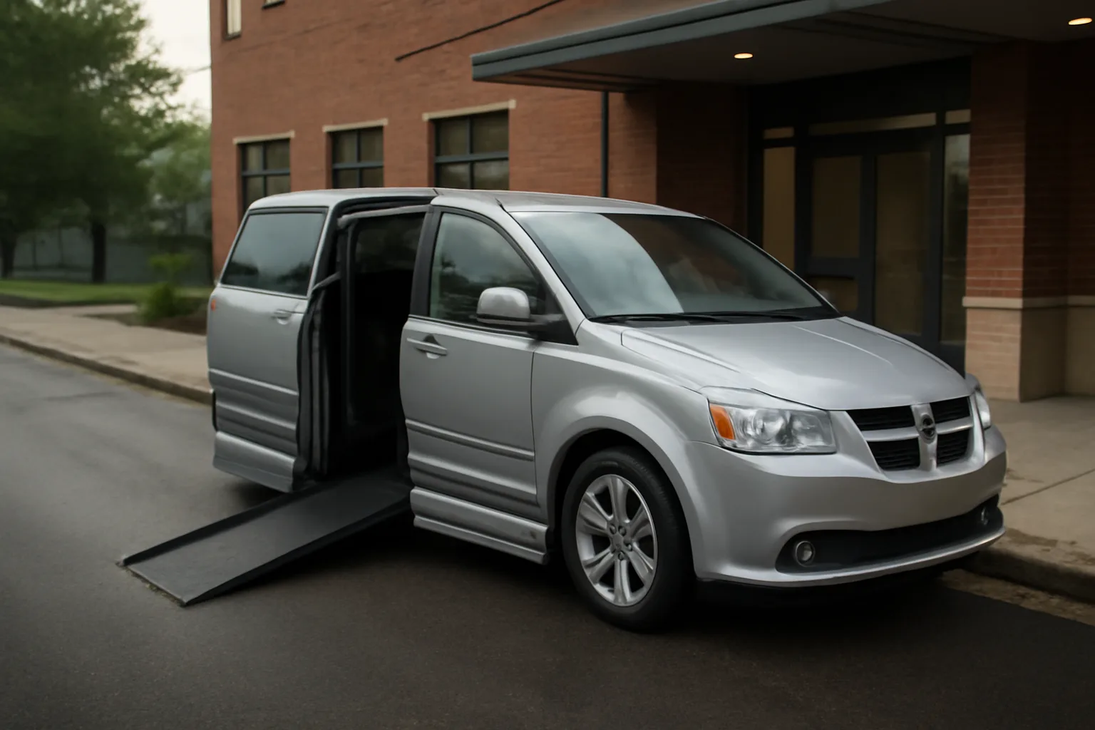 Wheelchair-accessible van with ramp extended outside a Chicago medical clinic entrance