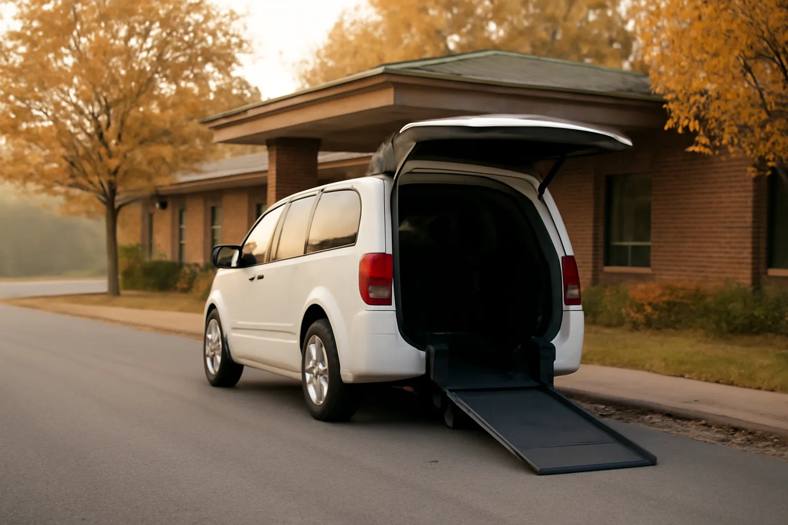 Wheelchair-accessible NEMT van with ramp deployed outside a medical clinic in Elizabeth NJ