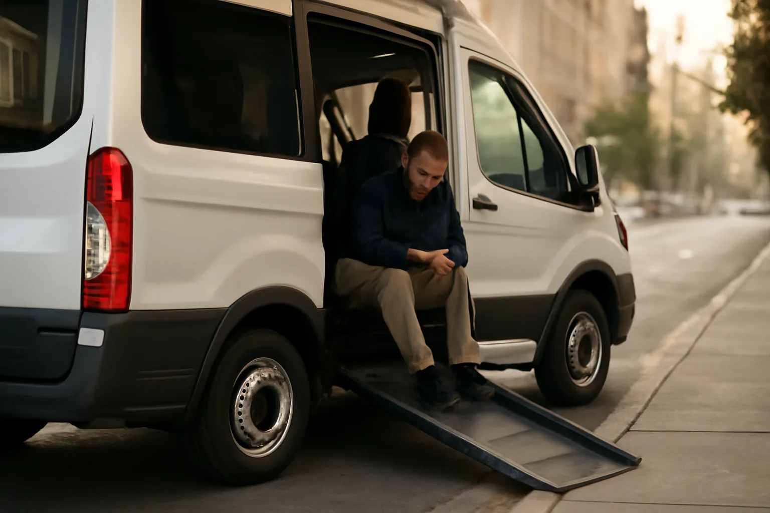 Wheelchair-accessible van with ramp deployed for non-emergency medical transportation curbside pickup