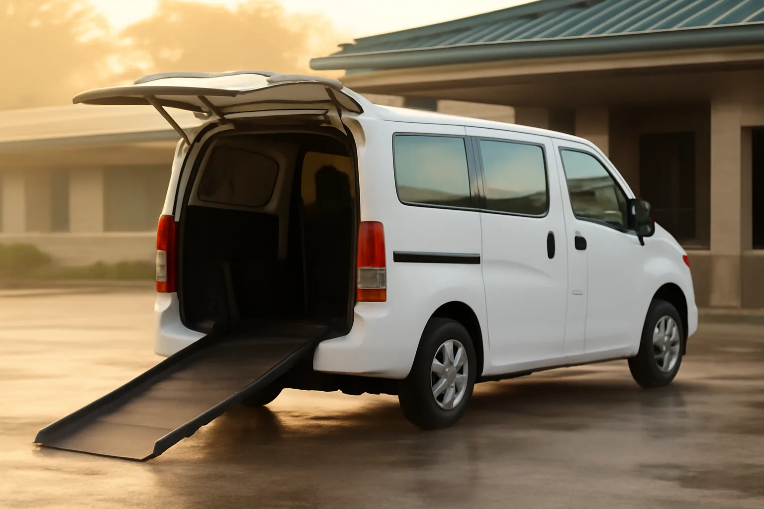 Wheelchair van with ramp deployed outside a Louisiana medical clinic at sunrise