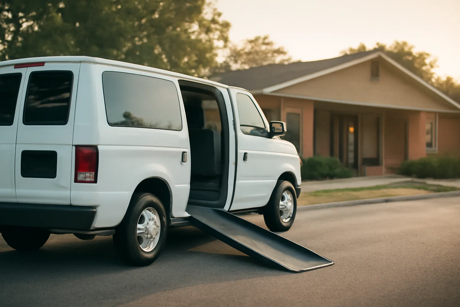 Wheelchair-accessible van with ramp extended outside a clinic, representing non-emergency medical transportation