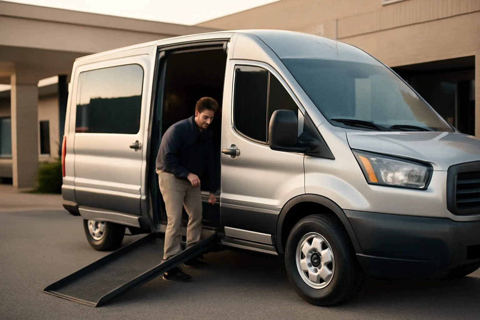 Wheelchair-accessible van with ramp extended outside an Oklahoma City medical clinic