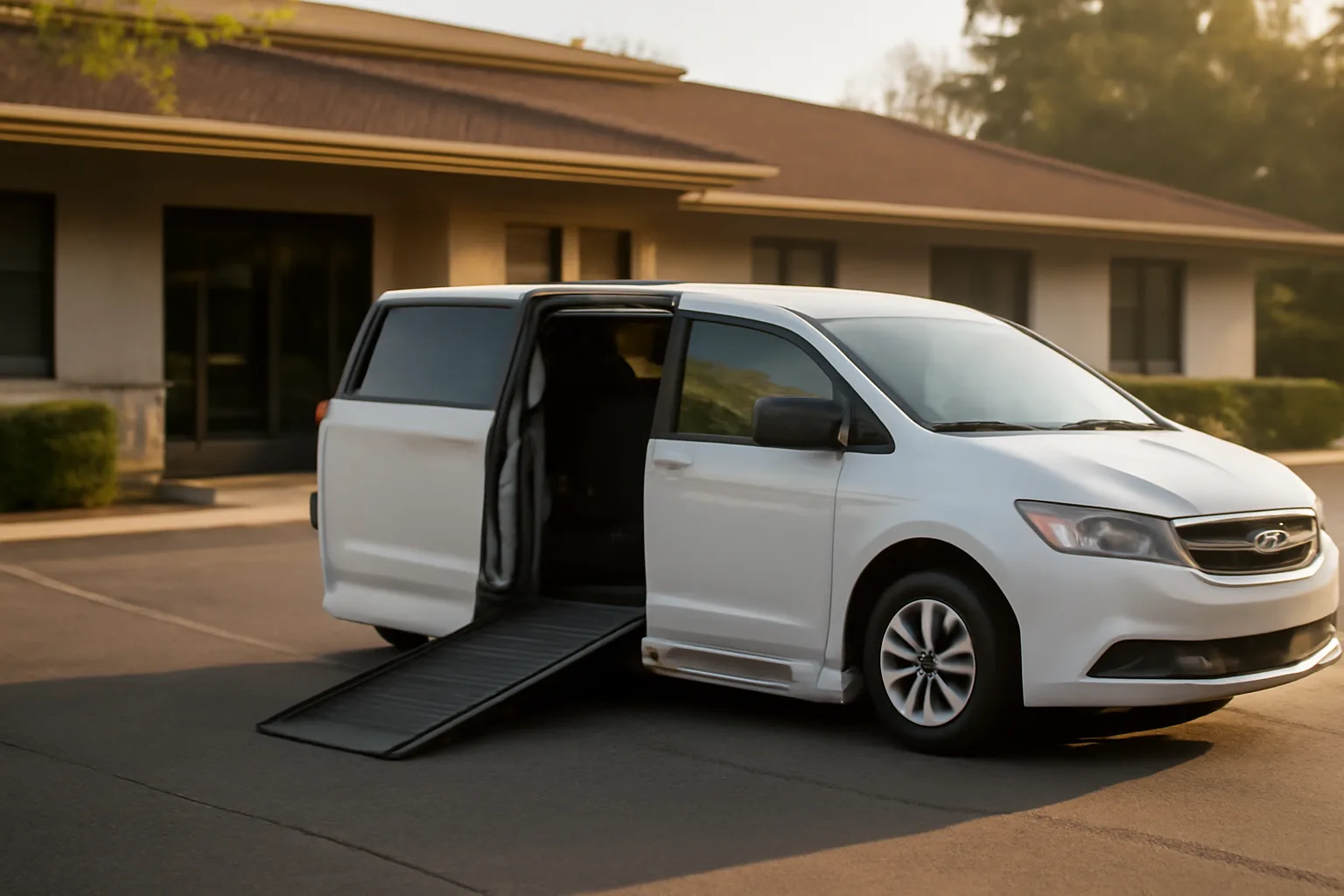 Wheelchair van with ramp deployed outside a clinic, representing non-emergency medical transportation in Orange County