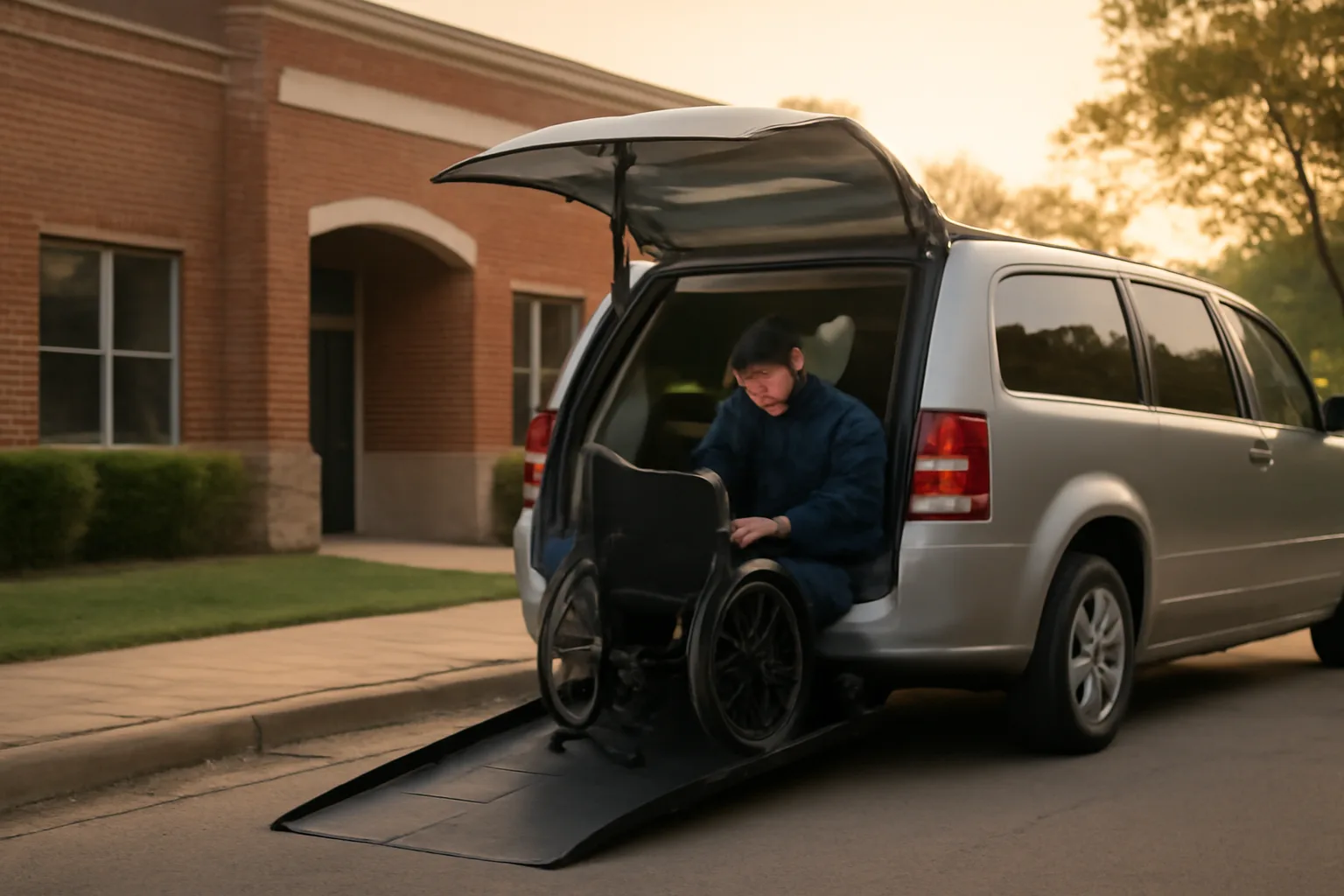 Wheelchair van ramp deployed outside a clinic during a St. Louis non-emergency medical transportation pickup
