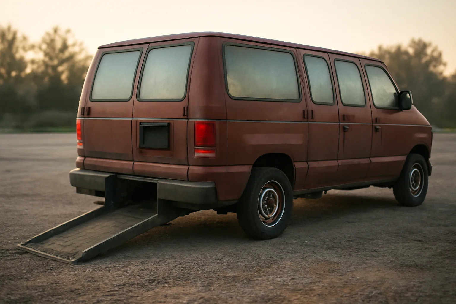 Wheelchair-accessible van with extended ramp parked outdoors at dawn, no signage visible