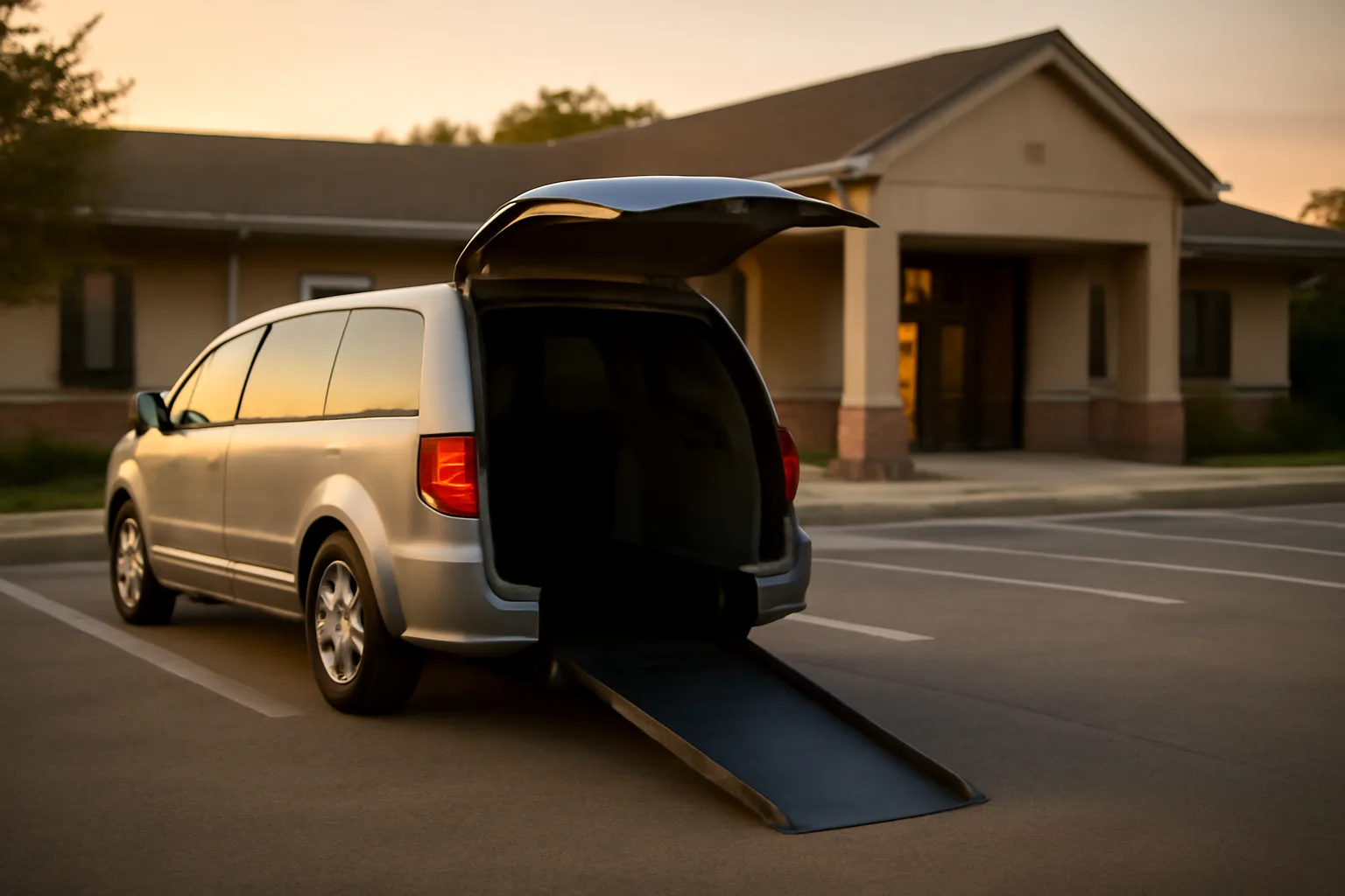 Wheelchair-accessible van with deployed ramp outside a clinic at dawn