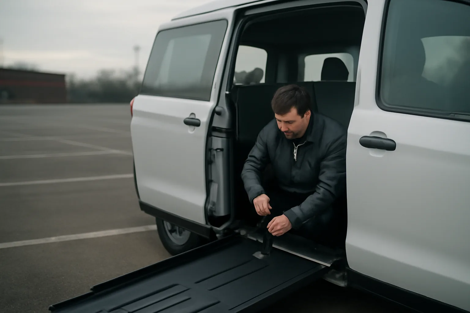 Wheelchair-accessible van with ramp lowered outside an Oregon medical clinic at dawn