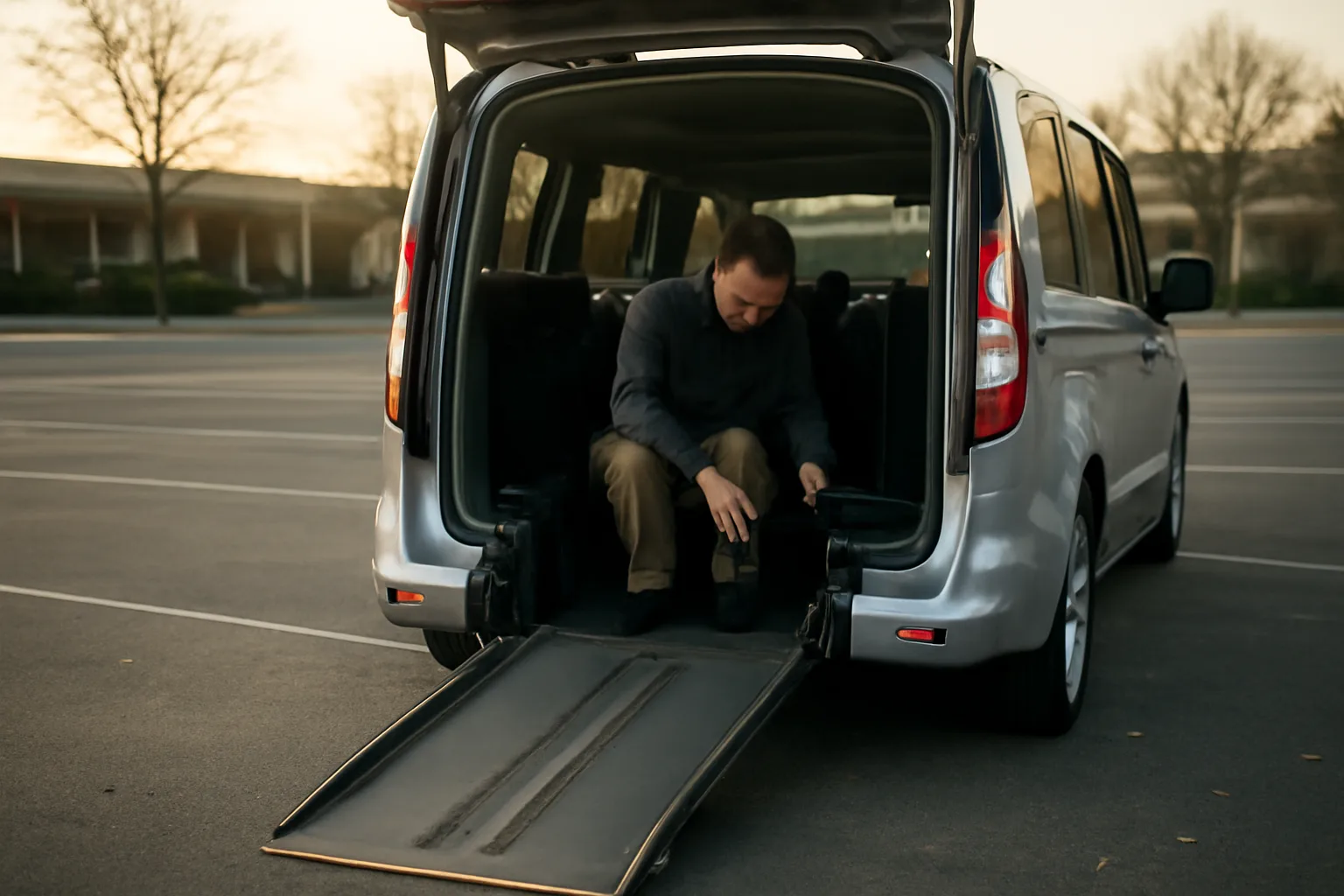 Driver inspecting wheelchair securement straps inside an accessible van before a medical transportation shift