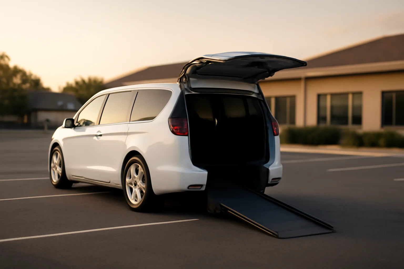 Wheelchair-accessible van with ramp deployed outside a clinic, representing a medical transportation business