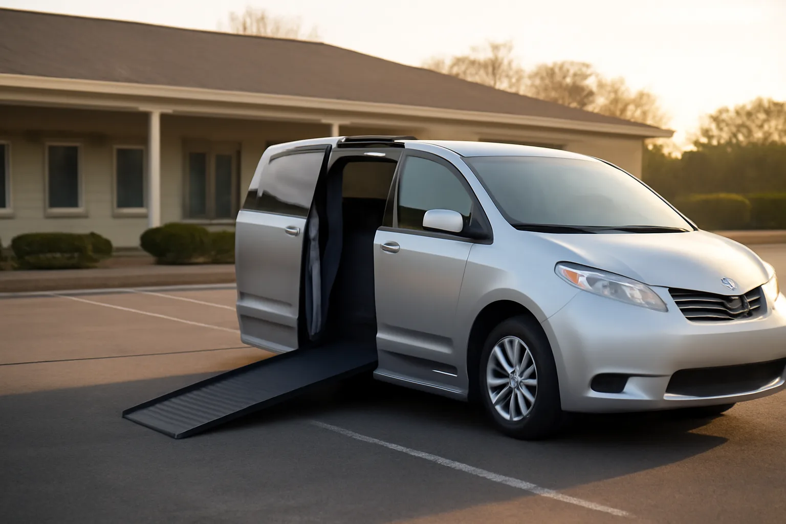 Wheelchair-accessible van with ramp deployed outside a clinic, representing a non-emergency medical transportation business