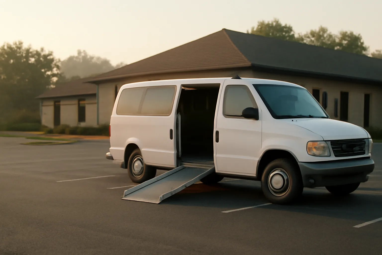Wheelchair-accessible van with ramp deployed outside a government building in morning light