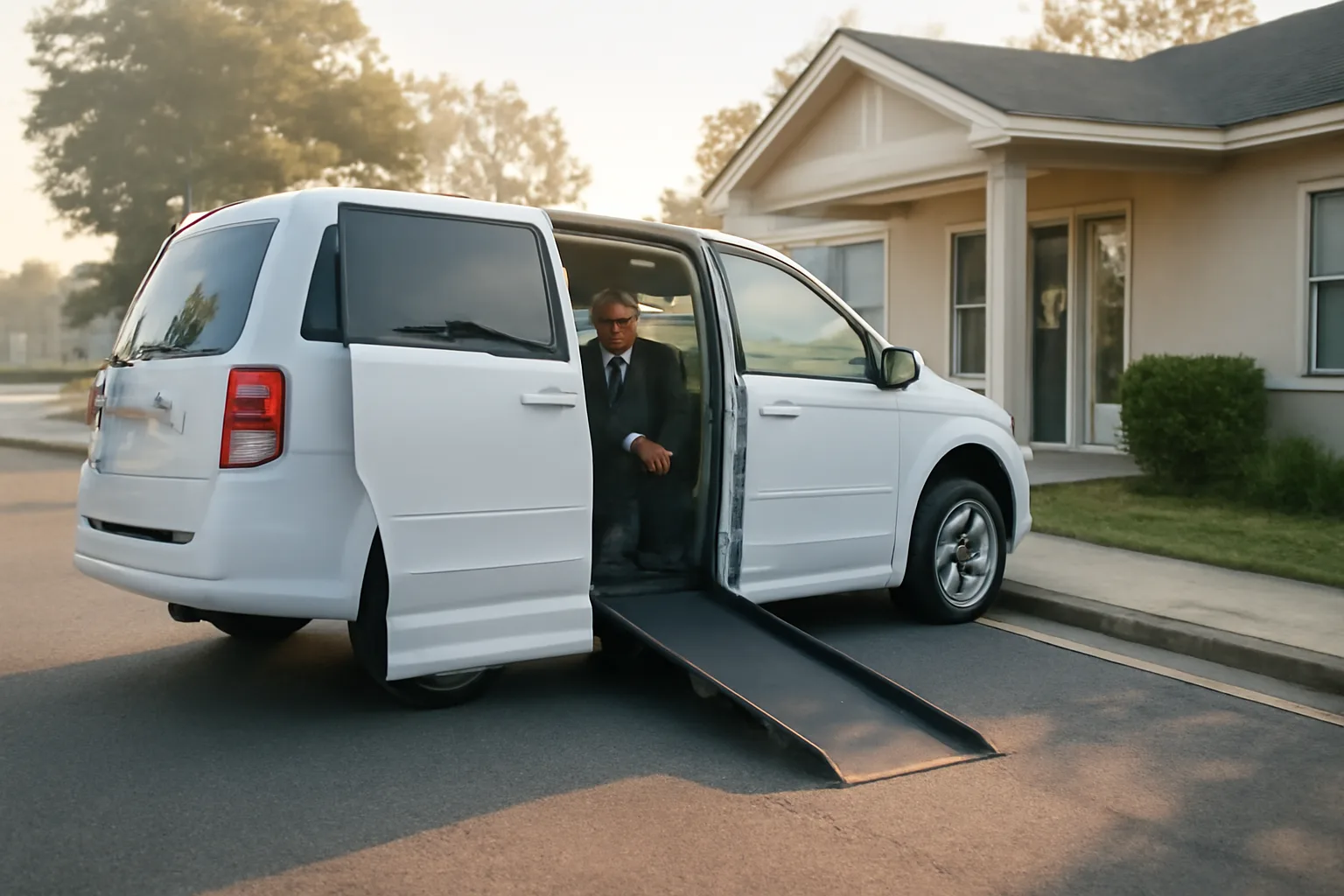 Wheelchair van with ramp extended outside a clinic, driver checking tie-down straps