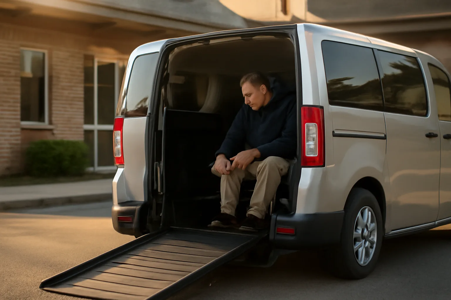 Wheelchair van with ramp deployed outside a clinic, driver checking tie-down straps