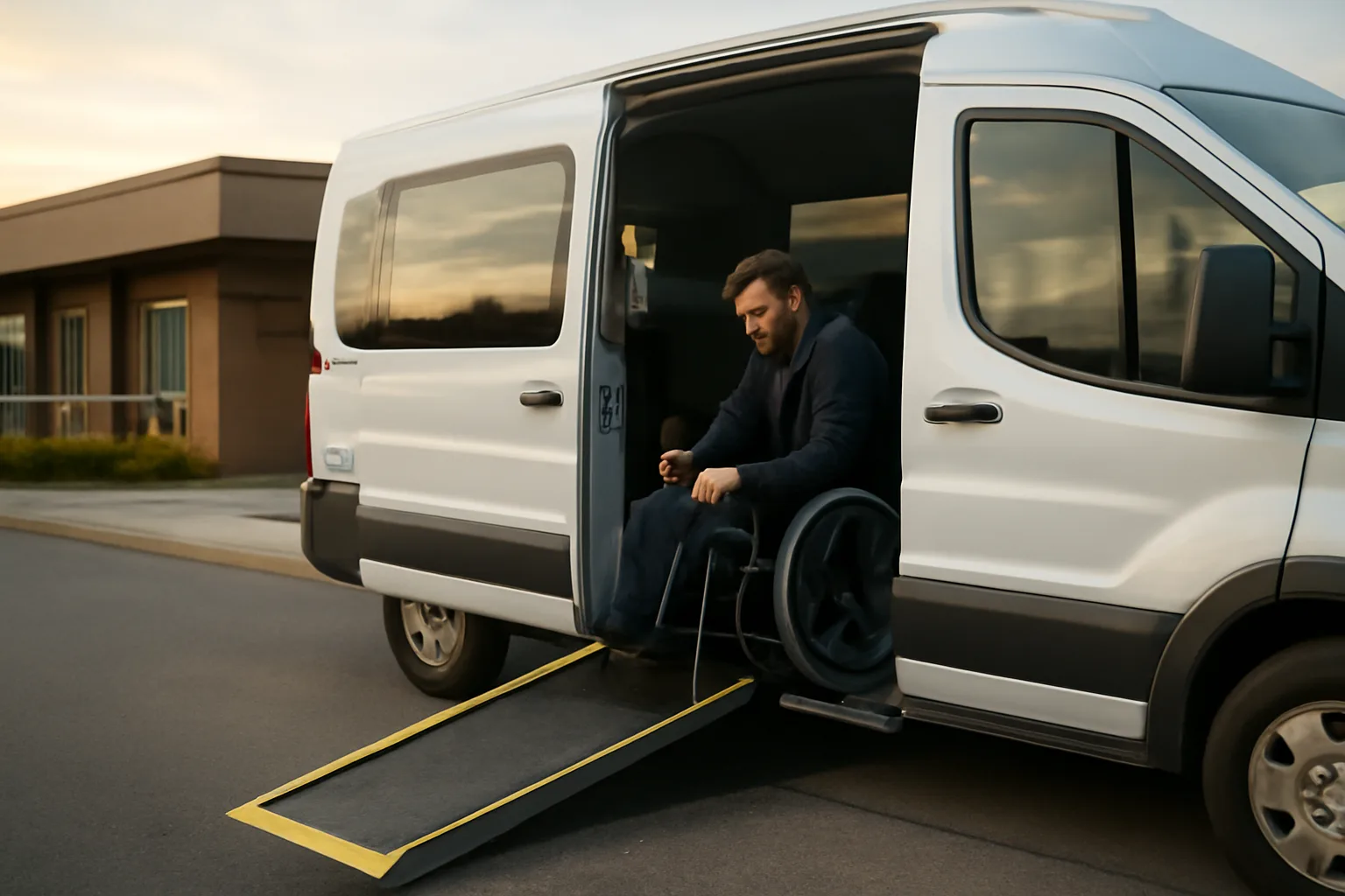 Wheelchair van with ramp deployed outside a clinic, illustrating types of medical transportation
