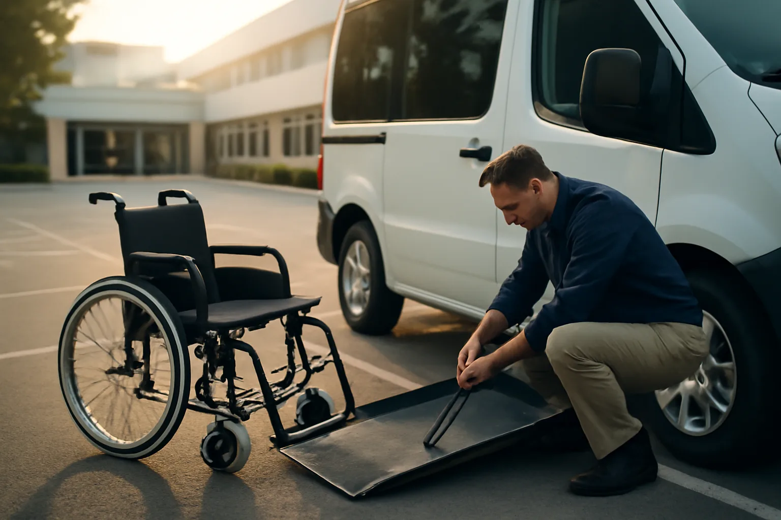 Wheelchair van ramp deployed in hospital lot for NEMT broker pickup