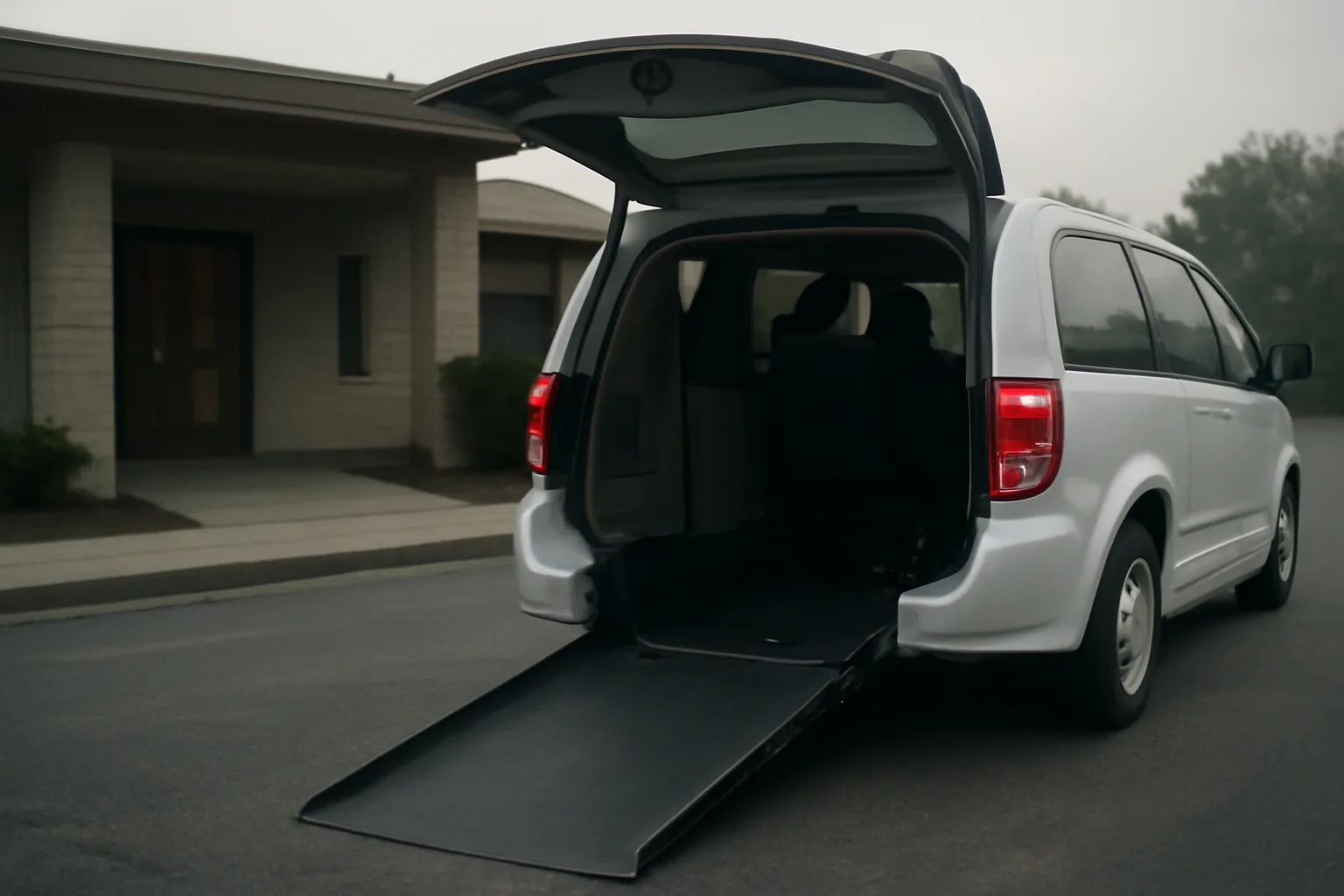 Wheelchair-accessible van with ramp deployed outside a clinic, illustrating non-emergency medical transportation options