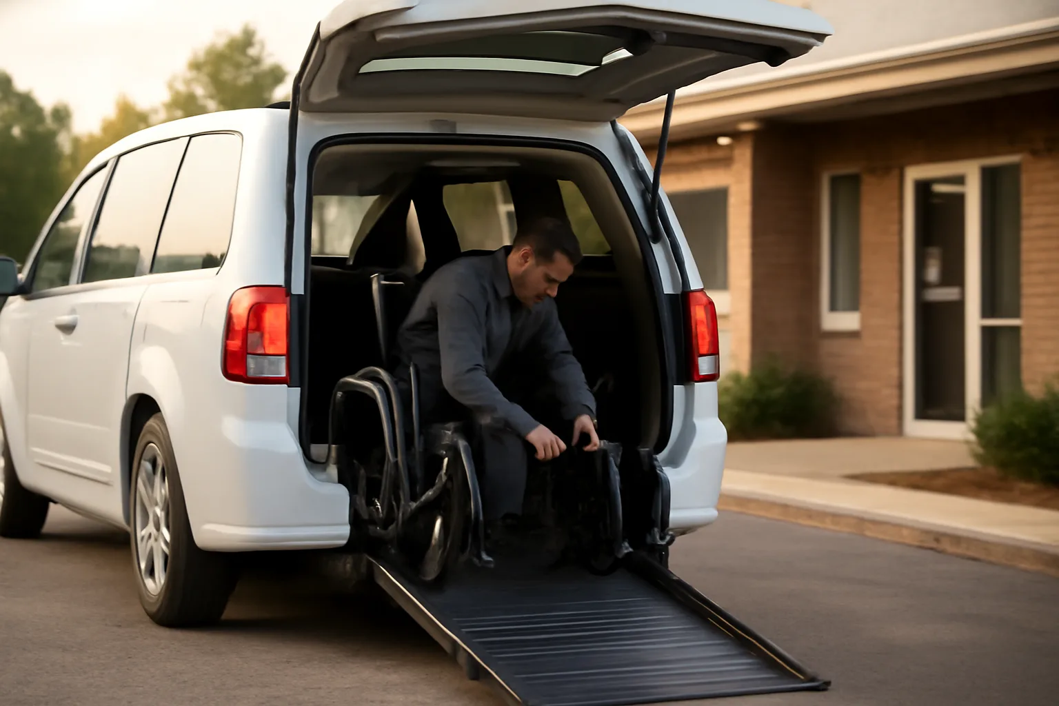 Driver securing a wheelchair inside an accessible van outside a clinic
