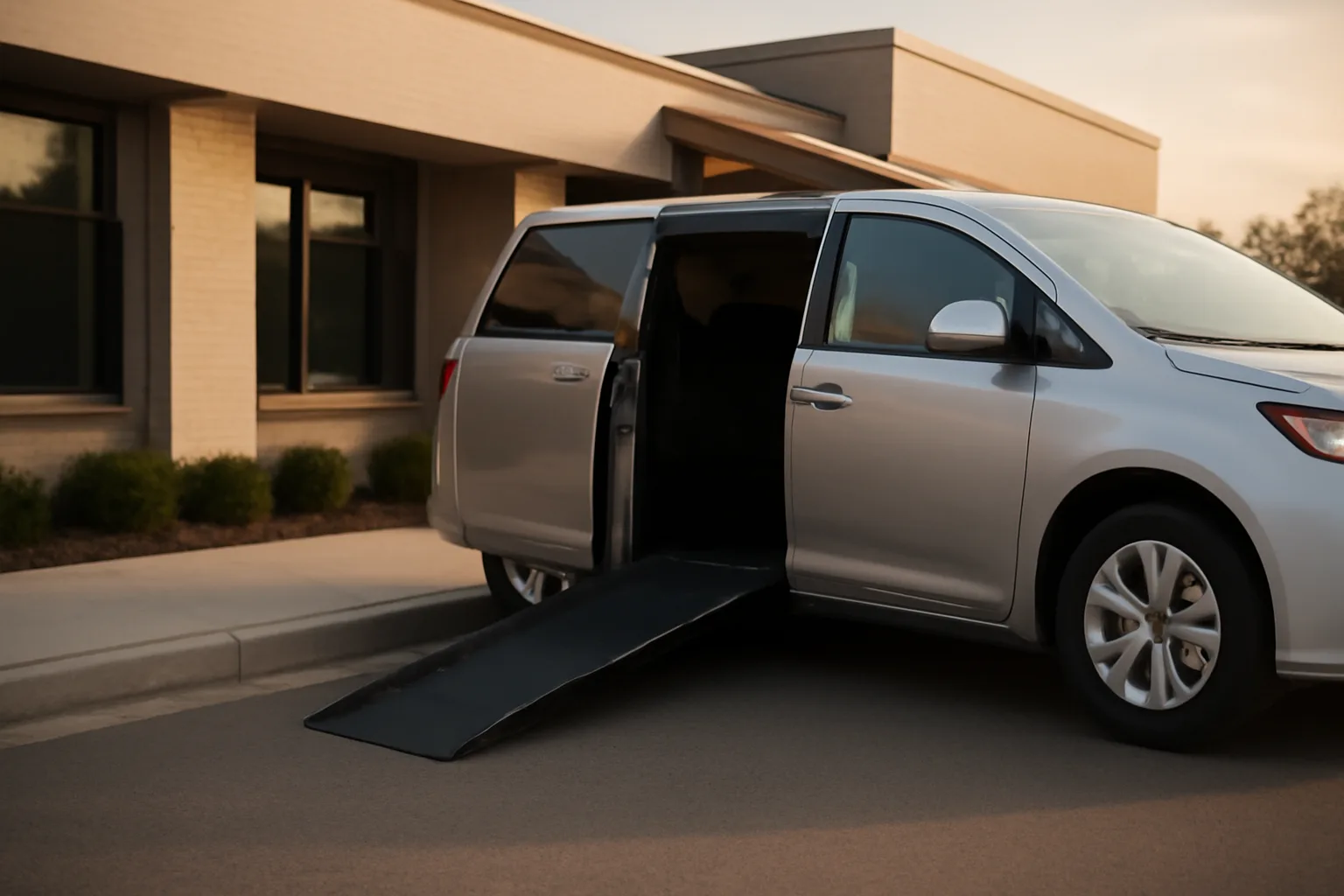 Wheelchair-accessible NEMT van with ramp deployed outside a medical clinic at dawn