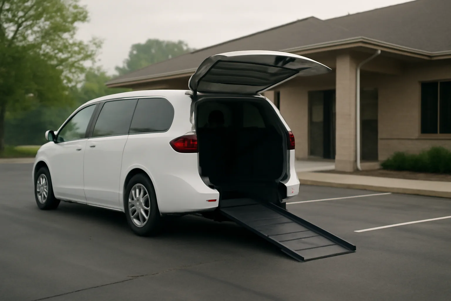 Wheelchair-accessible van outside a clinic, illustrating a non-emergency medical transportation business